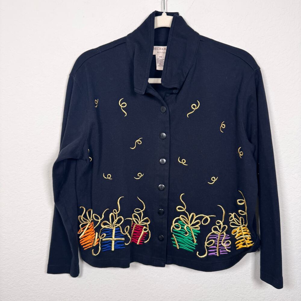 Bechamel Womens Vintage Holiday Button Top Size PM Petite Christmas Embroidered